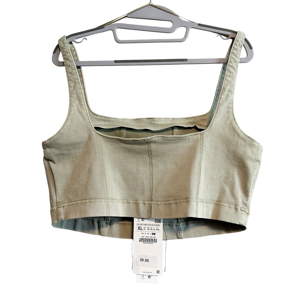 Zara Multi Cuts Khaki Green Denim Crop Top NWT Size XL Bodying Denim Collection - Picture 4 of 9